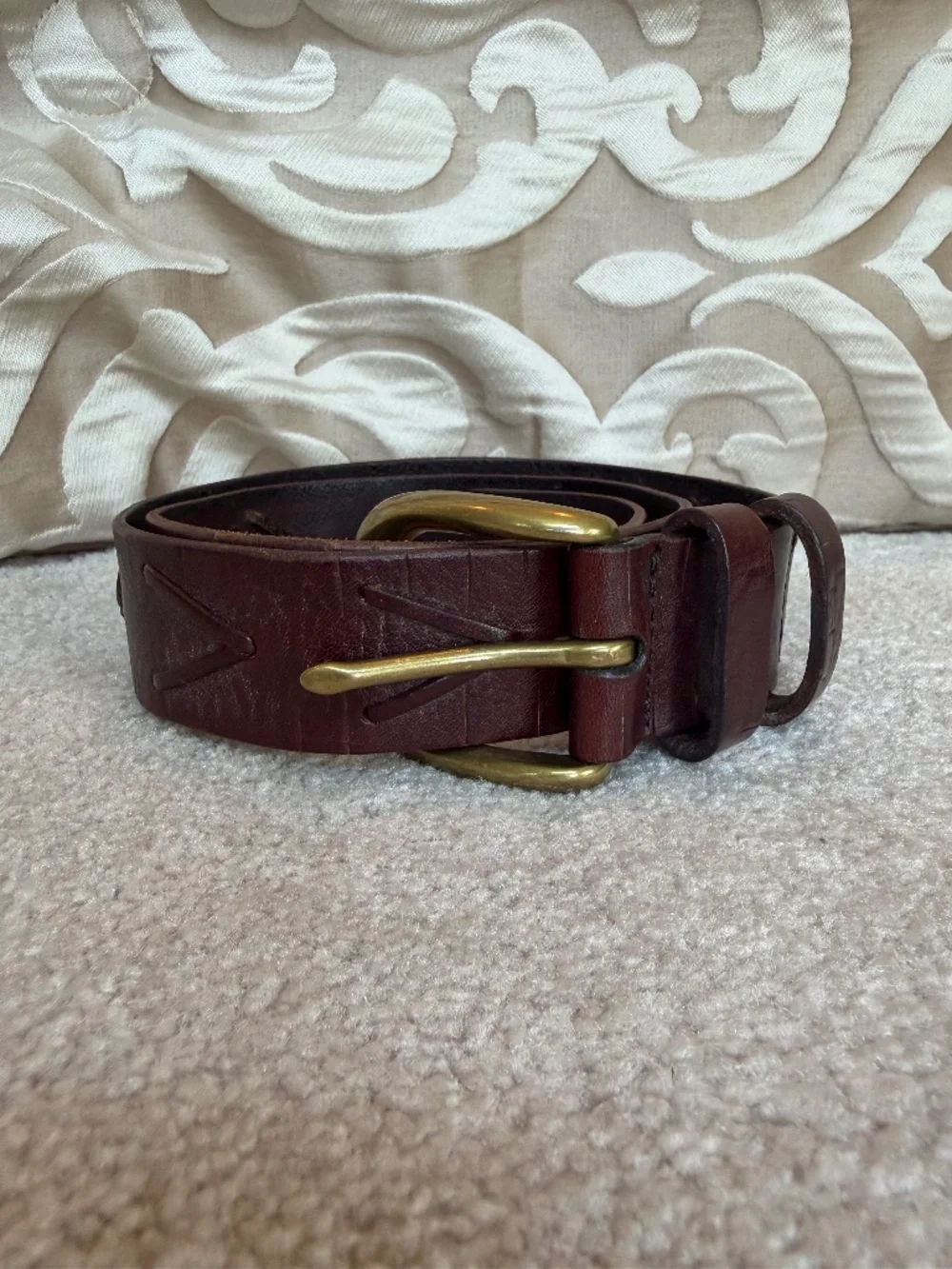 Express EXP Burgundy Italian Leather Western Stitch Belt Brass Buckle Size M